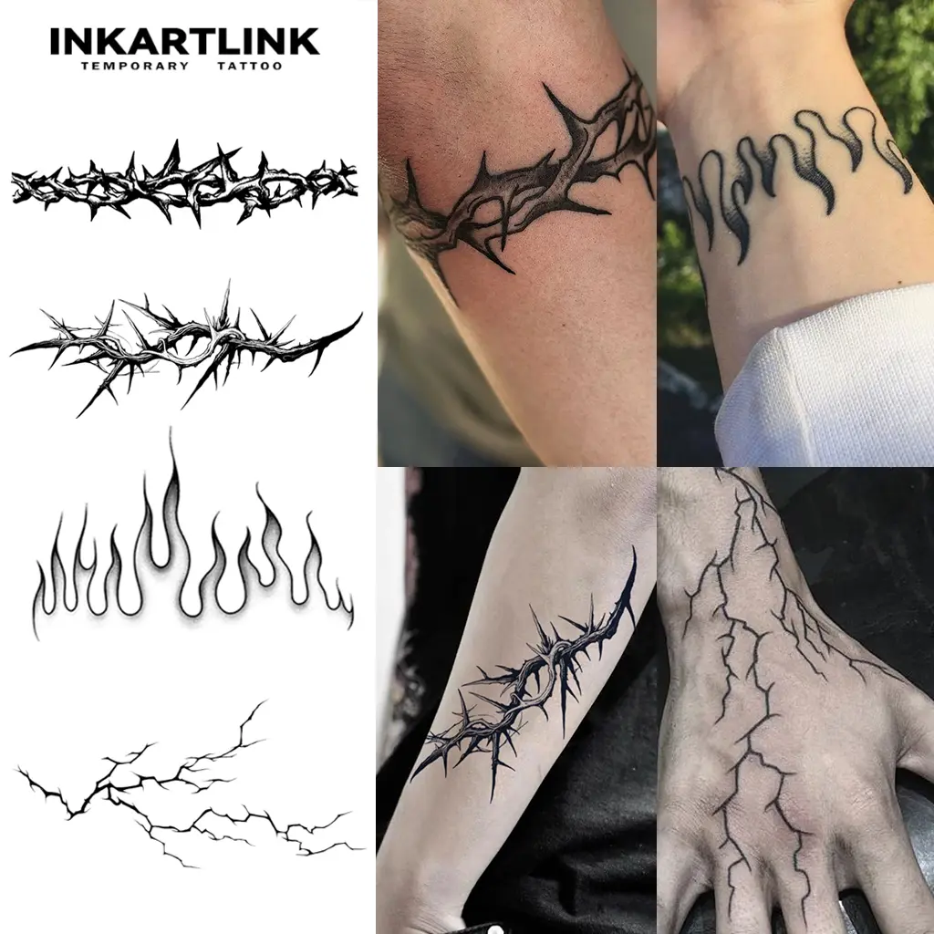 INKARTLINK Tattoo Tech, Thorn Series,2 Sheets Small Semi Permanent Tattoo, Adult Art Design Temporary Tattoos, Lasts 1-2 Weeks, Waterproof, Realistic Look, No Adhesive, No Reflection,For Man Women Arm Leg Hand Back Body (Thorns Design)