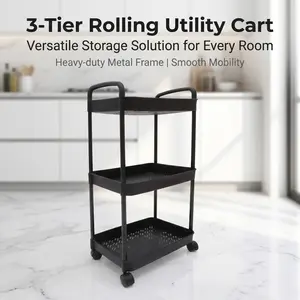 3-tier rolling storage cart with wheels, bedside use — white or black