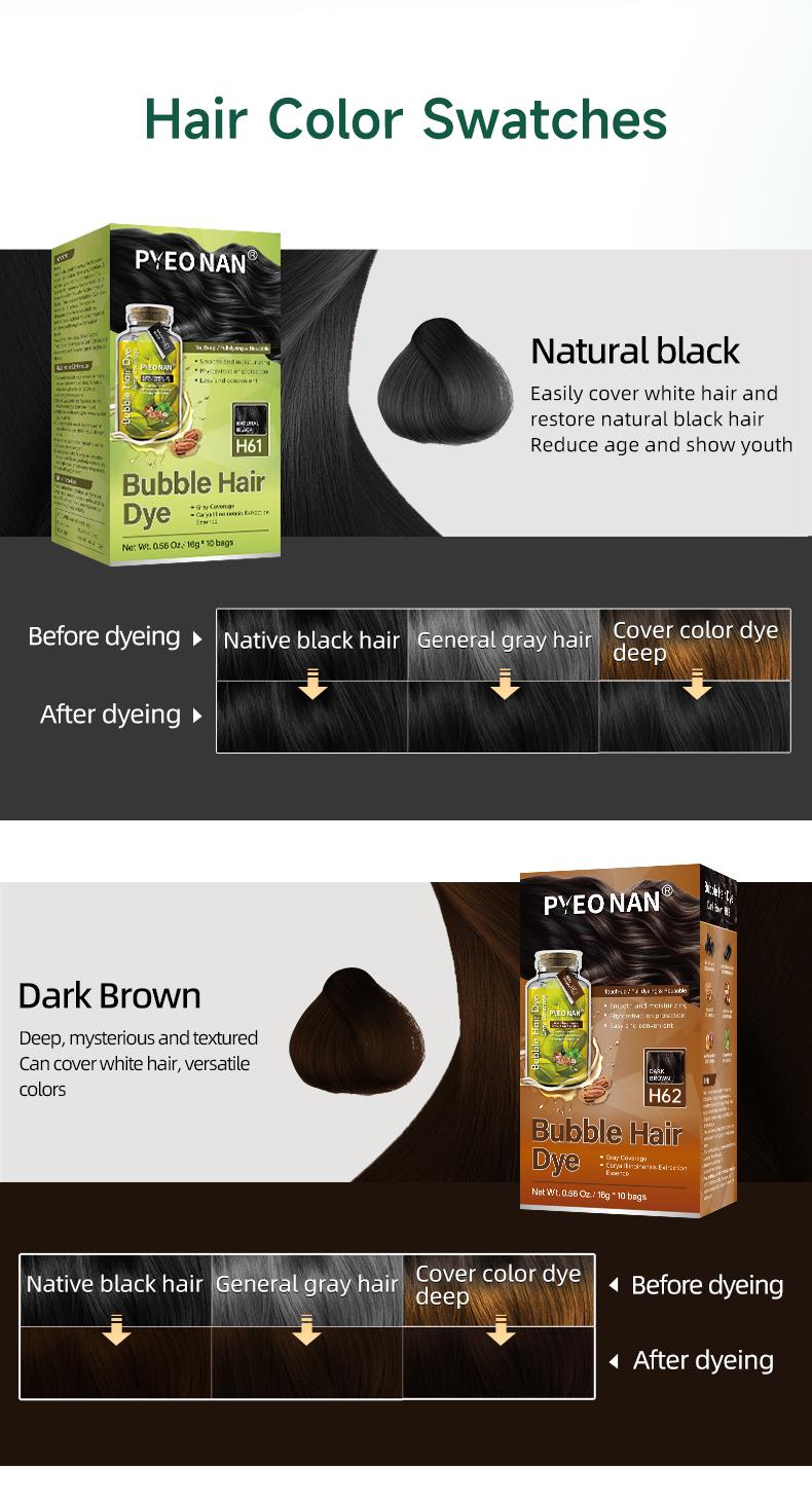 PYEONAN Unisex Bubble Hair Dye, Black or Dark Brown with Herbal Ingredients, No Bleaching, Ammonia-Free, 10 Bags Hair Color 5.6 Oz./160g Haircare Coloring, Springtok