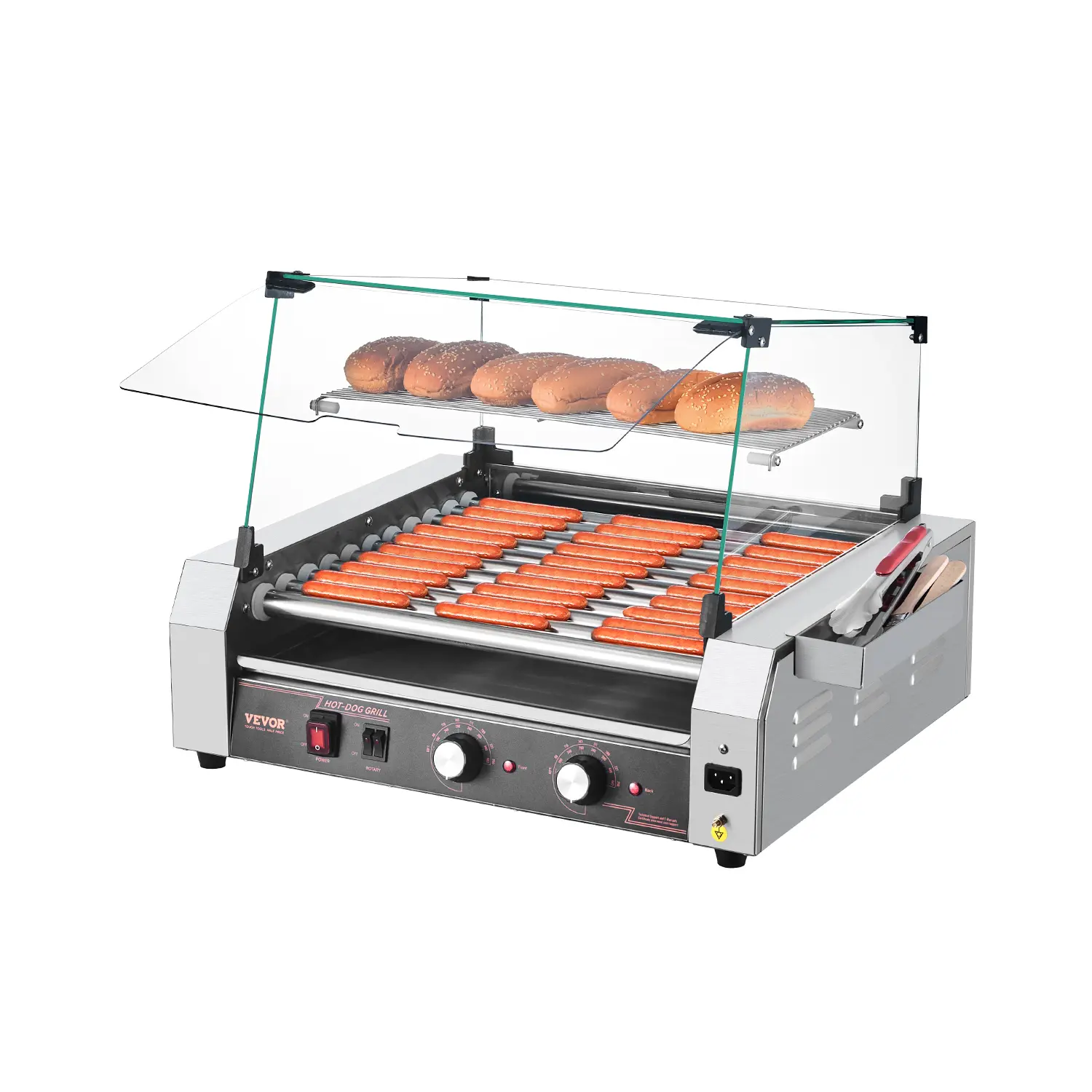 【BackToSchool】VEVOR Commercial Stainless Steel Electric Hot Dog Roller Grill Cooker - 11 Rollers, 30-Capacity, 1600W Durable Appliance with Glass Storage Box Lid, Even Cooking, Outdoor Cooking Option, Father's Day Gift, Kitchen Organization