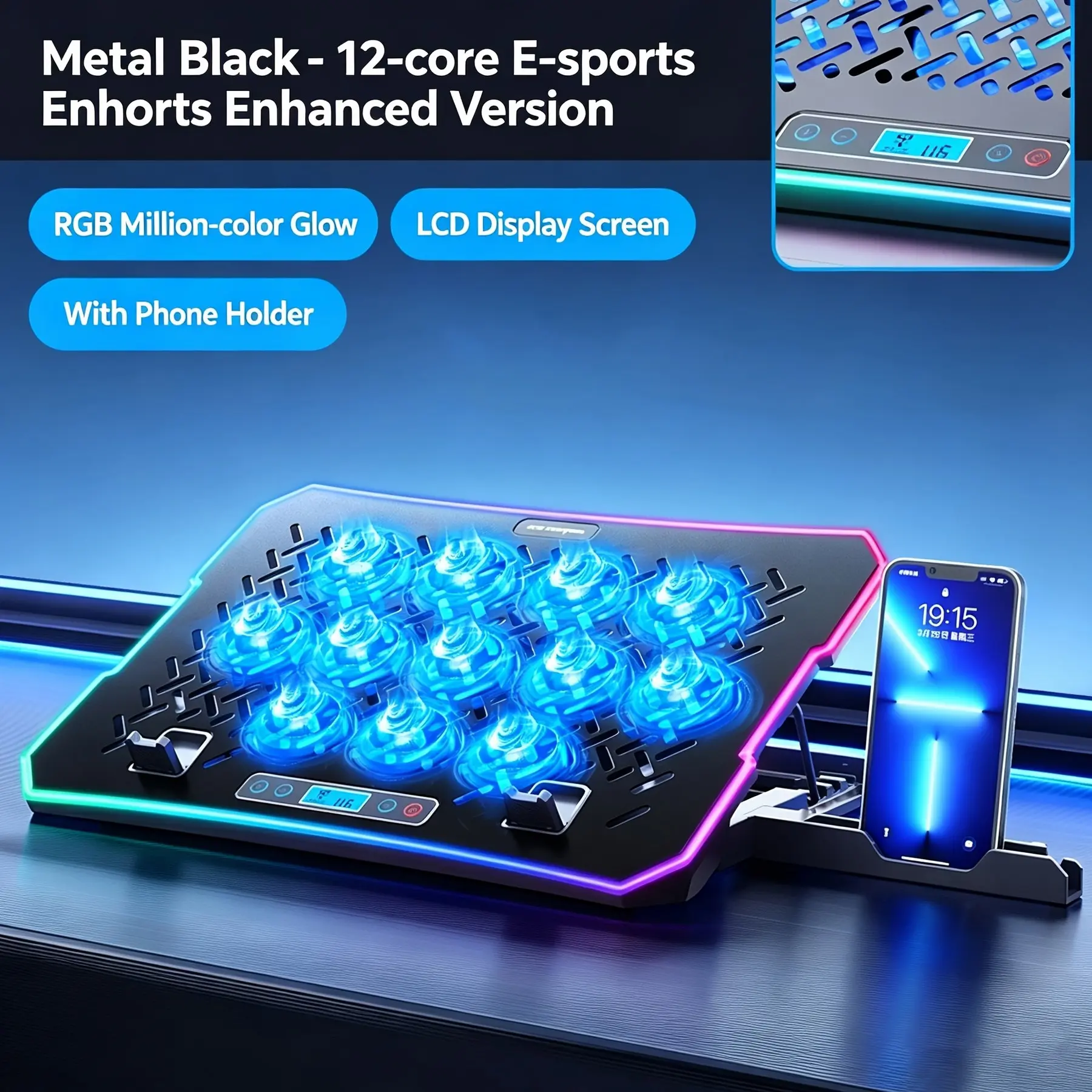ICE COOREL Gaming Laptop Cooling Pad for 12-17.3 Inch Laptops, Laptop Fan with 6 RGBCooling Fans, Laptop Cooling Stand with 5 Adjustable Heights, Laptop Cooler with LCDScreen, 2 USB Ports, Phone Holder