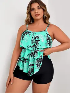 2026 Plus Size Mint Tropical Print Tankini Set | Tiered Ruffle Spaghetti Strap Top + High Waist Boyshorts | Modest Curvy Beach Bathing Suit