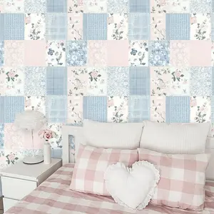 Floral Plaid Pattern Wallpaper, Vintage Geometric Self-adhesive Removable Wall Wallpaper, Bohemian Contact Paper for Bedroom Bathroom Decor