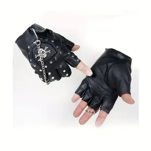 Men's Skull Half Finger Leather Gloves, Punk Rivet Chain Design, Anti-Slip Outdoor Sports & Motorcycle Riding Gloves, Novelty Pirate Style Performance Gloves