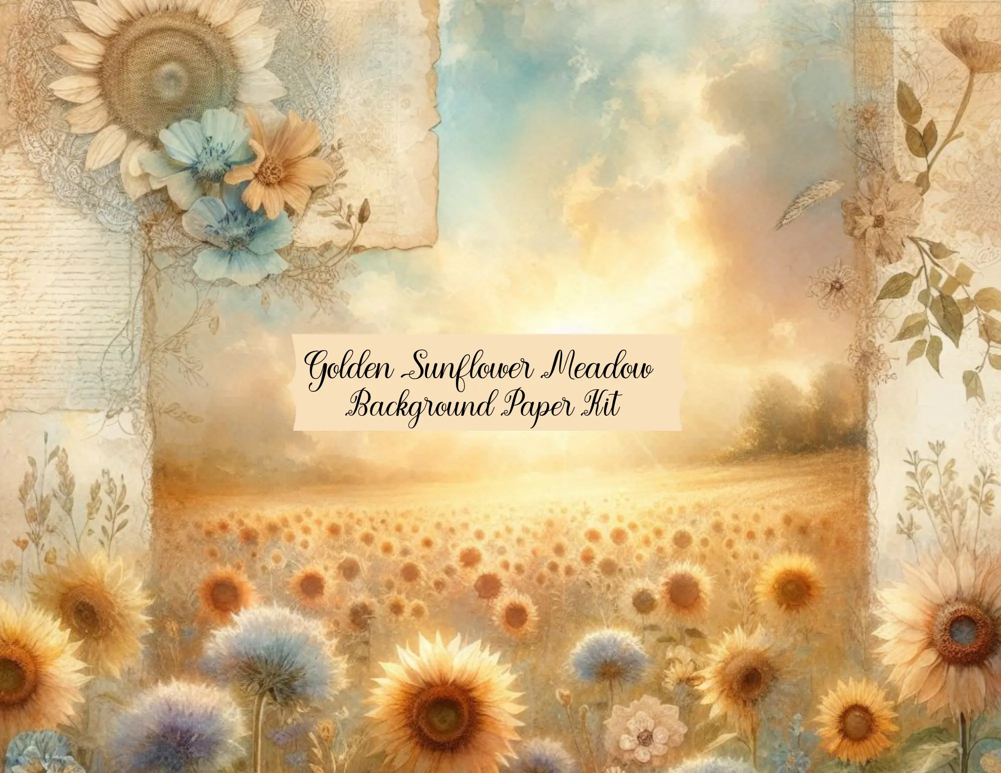 Golden Sunflower Meadow Background Paper Kit - 39 Vintage Style Pages for Junk Journaling Scrapbooking & Card Making 8.5x11 Inches