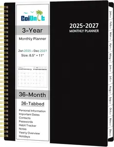 Monthly Planner 2025-2027, 36 Months Calendar Planner 2025-2027 from Jan 2025 – Dec 2027, 8.5'' x 11'' with Ruled Spread, Flexible Cover, Spiral Wirebound, Pocket, Coated Tabs, Notes ＆ Habit Tracker