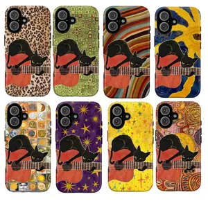 Artistic Retro Cat Phone Case – Whimsical Black Cat on Guitar with Colorful Starry Pattern, Funky Vintage Aesthetic Gift for Cat Lovers, Fits iPhone 17, 16, 15, 14, 13, 12, 11, XS & Samsung Galaxy S21–S25