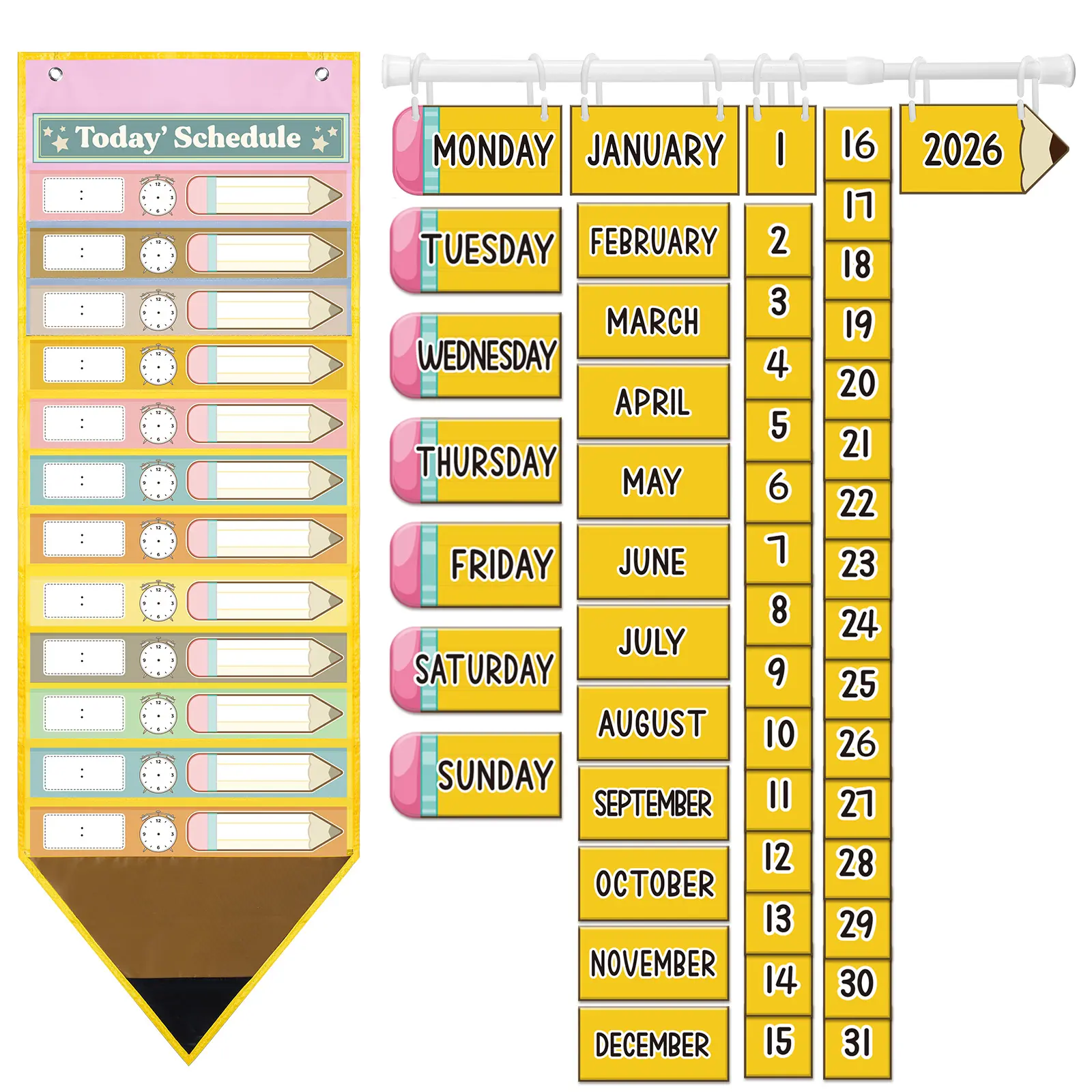 Daily Schedule Pocket Chart & Back to School Flip Calendar for Classroom Bulletin Board White Board, with 19 Reusable Dry Erase Cards & 52 Date Cards & Rod for Preschool Kindergarten Teacher Office Classroom Decor