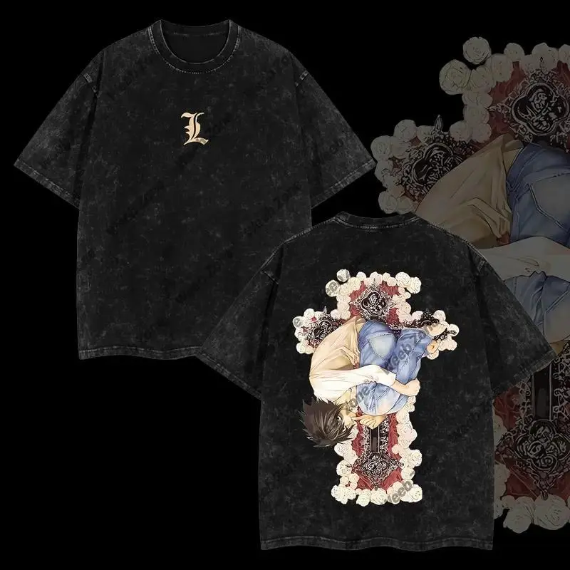 Women's Death Note L Lawliet Anime Oversize Tee - Weeb Zone Limited Edition Valentine's Day Handmade Garment, Double-Printed Acid-Washed Lightweight Smooth Clothe, Casual Streetwear Gift for Anime Fans