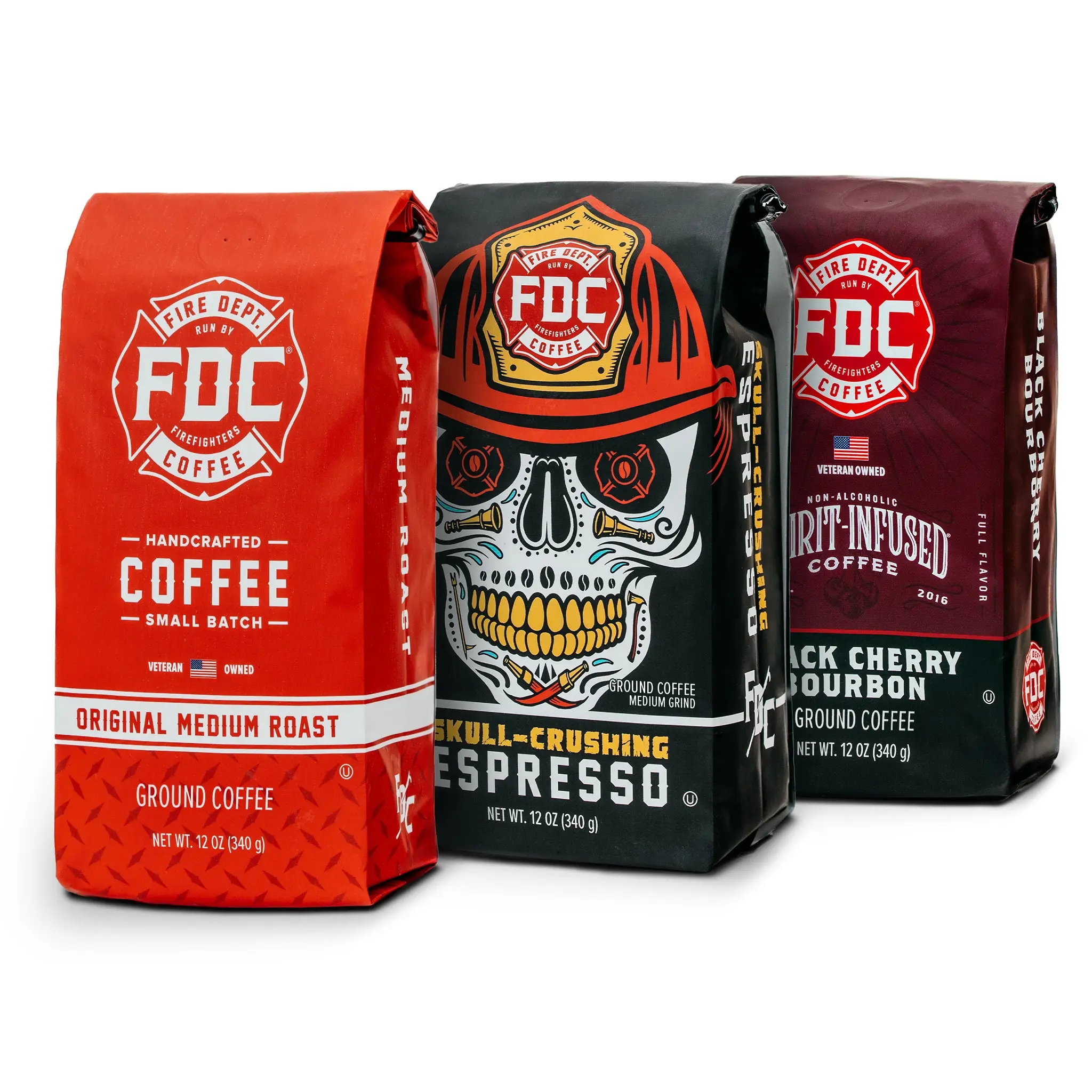 Fire Dept. Coffee’s Variety Pack - Medium Roast Coffee, Skull-Crushing Espresso, & Black Cherry Bourbon Infused Coffee