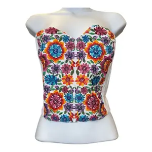 Floral Mexican Top 100% Cotton Elastic Waistband One Size Fits All Colorful Embroidery