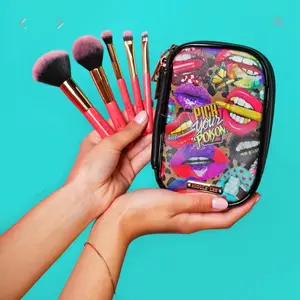 5-Piece Brush Set & Pouch Vegan Leather with Colorful Lips Design Perfect for Makeup Enthusiasts Faux Gold Hardware Secure Zip Closure Compact Size Ideal for Travel Daily Use Glam