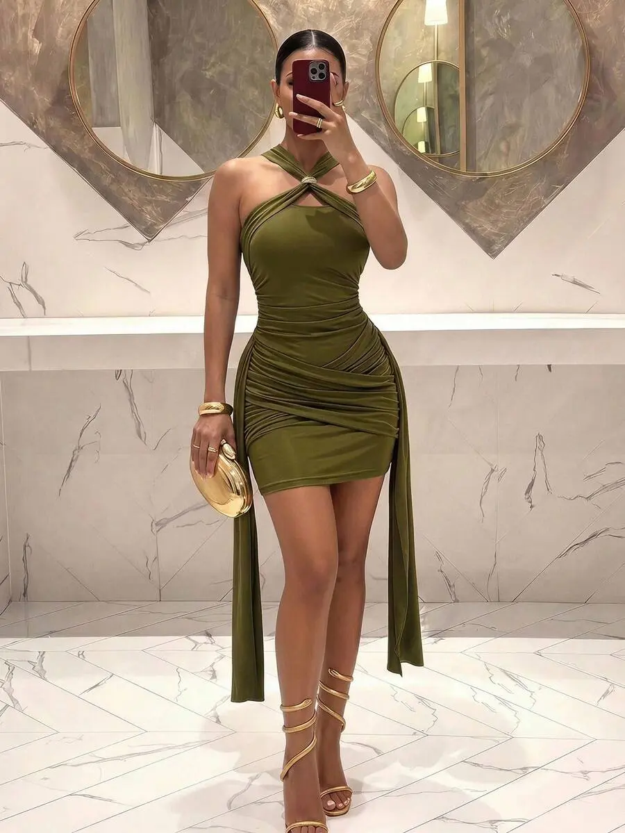 GLAMOUR Women's Olive Green Halter Neck Ruched Bodycon Mini Dress With Long Sash Ties - Sexy Party Club Clubwear Summer
