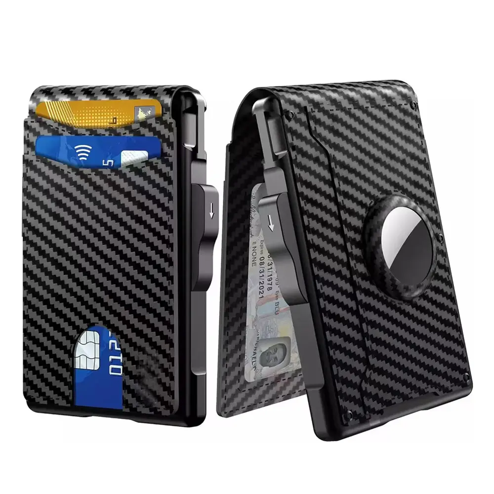 Airtag Wallet for Men, RFID Blocking Men's Smart Pop Up Wallet for Air Tag, Minimalist Aluminum Alloy Carbon Fiber Credit Card Holder Wallet with ID Window, Gift For Men