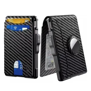 Airtag Wallet for Men, RFID Blocking Men's Smart Pop Up Wallet for Air Tag, Minimalist Aluminum Alloy Carbon Fiber Credit Card Holder Wallet with ID Window, Gift For Men