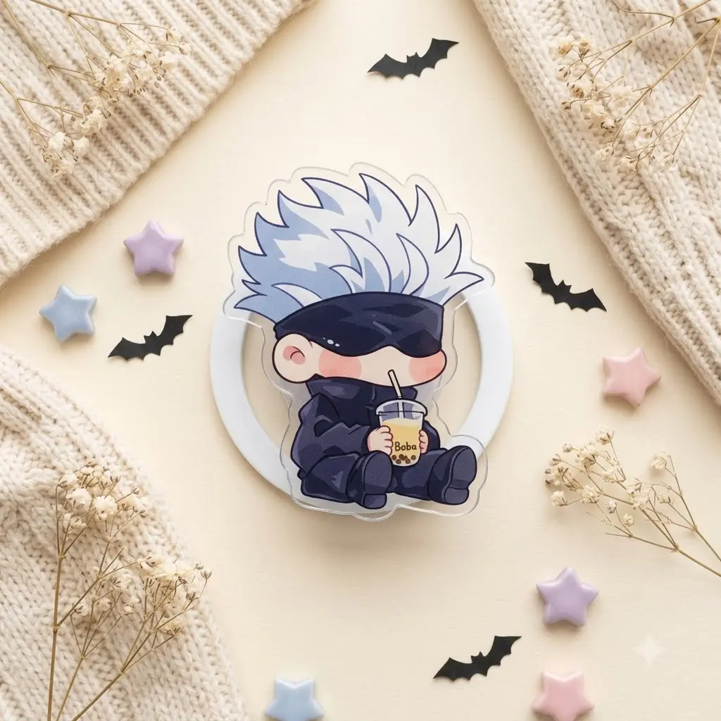 Gojo Satoru Chibi Boba Magnetic Phone Grip | Cute Anime Phone Holder, MagSafe Compatible Kindle Grip Gift