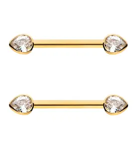 24kt Gold PVD Teardrop Clear CZ Titanium Threadless Nipple Barbell