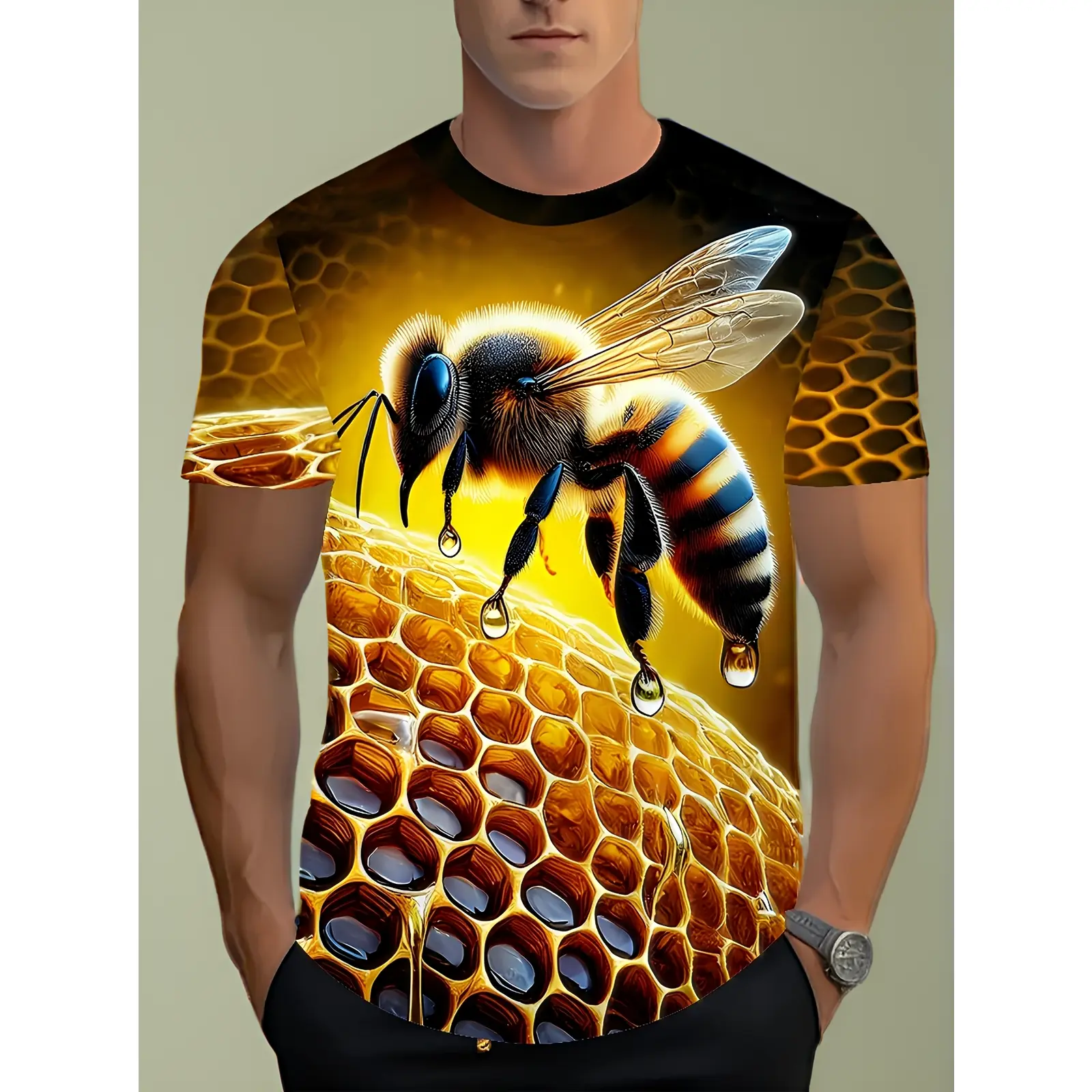 Men'S 3D Printed Polyester T-Shirt - Surreal Bee Pattern with Complex Wings And Honeycomb Details, Short Sleeve, Durable Fabric, Perfect for Nature Microscope Enthusiasts, Ideal for Adding Bold Insect Style to Casual Outfits, Bee T-Shirt, Plus Size