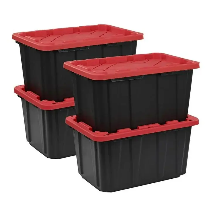 27 Gal Heavy Duty Plastic Storage Container Black Red Snap Lid