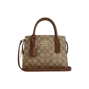 Coach Andrea Carryall 22 Tote Bag With Classic Monogram Coated Canvas And Smooth Leather For Women In Khaki Lightweight Mommy Bag