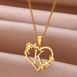 Stainless steel love flower hollow heart-shaped English letter necklace initials do not fade couple gift suitable for party