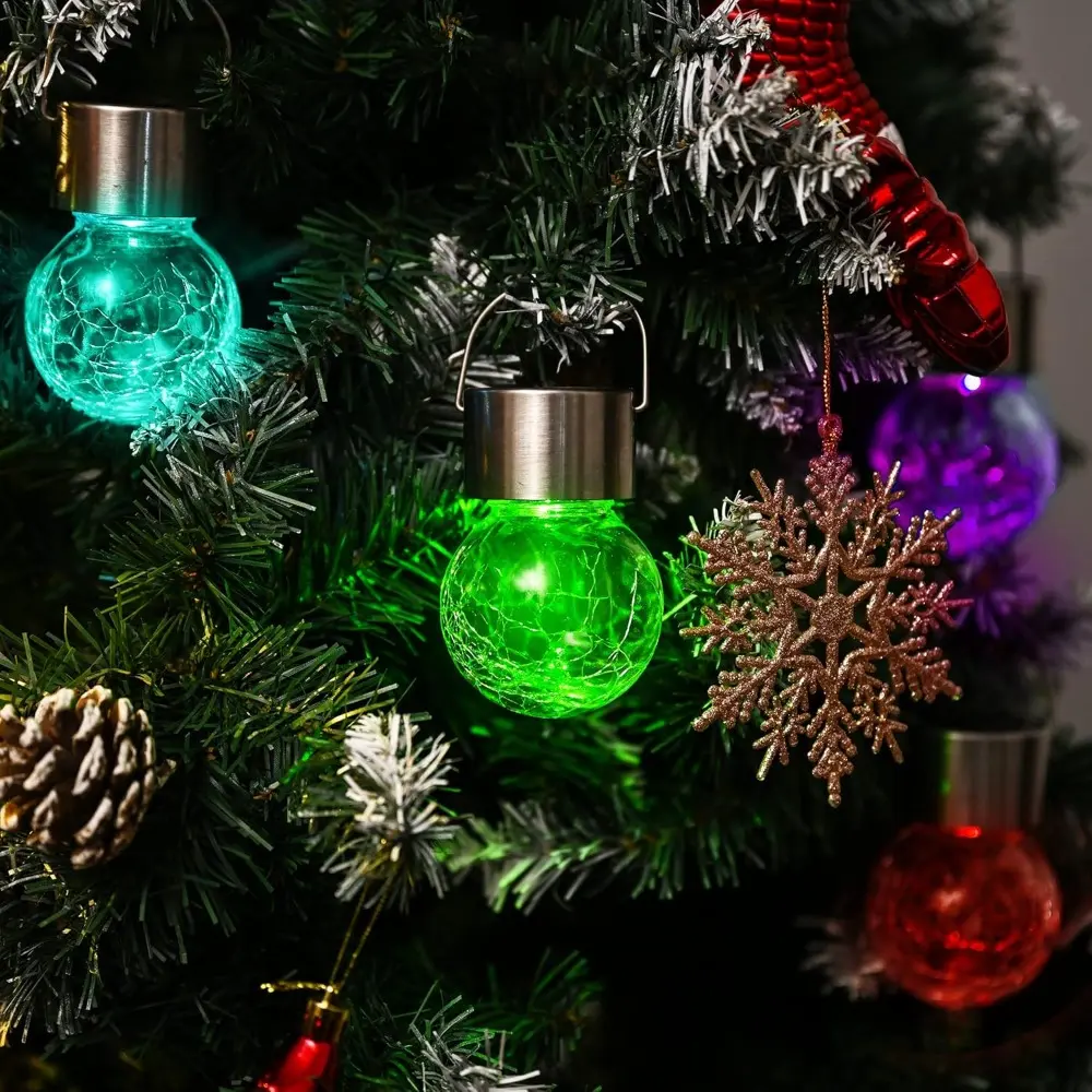 8 Pack Solar Hanging Lights, Christmas Decoration Lights with Multi-Color Changing Cracked Glass Hanging Ball Solar Outdoor Lights Waterproof Solar Lanterns For Garden,Yard,Patio,Lawn