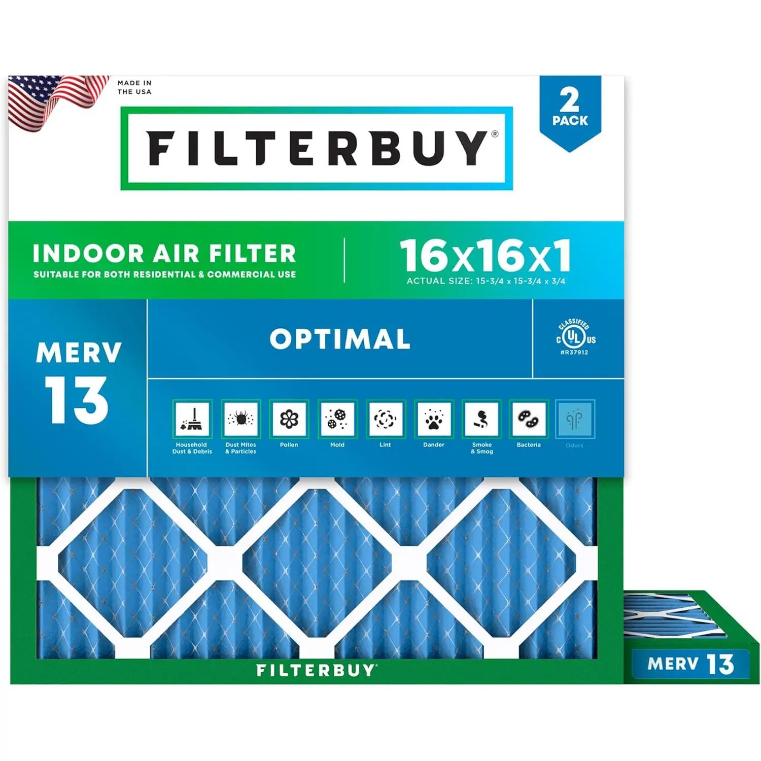 Filterbuy 16x16x1 In Synthetic Electrostatic Air Filter (2-Pack), Pleated MERV 13 Optimal Defense HVAC AC Furnace Filter with Particle Capture (Actual Size: 15.75x15.75x0.75 In)