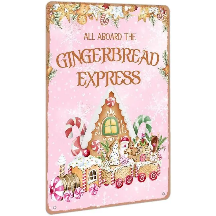 All Aboard the Gingerbread Express Metal Tin Sign Gingerbread Bread Decor Tin Sign for Home Cafe Bar Coffee Shop Kitchen Wall Decor Art Winter Farmhouse Decorative 8x12 inch Room Sdjiu-002