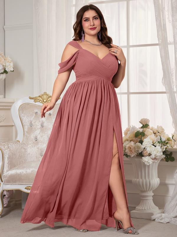 Elegant V Neck Backless Ruched Waist Chiffon Dress, High Slit Bridesmaid Gown, Pure Color Flowy A-Line, Perfect for Weddings Elegant V Neck Backless Ruched Waist Chiffon Dress, High Slit Bridesmaid Gown, Pure Color Flowy A-Line, Perfect for Weddings