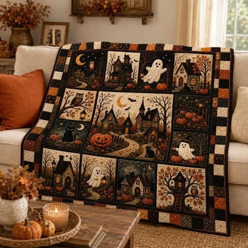 Premium Flannel Halloween Patchwork Quilt Blanket - Black Cat, Teapot, Pumpkin, Ghost, Haunted House, Floral Design - Cozy Warmth Flannel Softness for Autumn Bedroom Home Decor Items, Sofa - Halloween Spooky Fall Gift