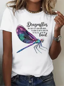 Plus Size Plus Size Dragonfly T-Shirt with "Dragonflies Are Signs From Above" Quote - Casual Round Neck Short Sleeve Blouse-Compatible Top Machine Washable Spring Summer Tee Suitable for Multi-Color Design for Casual Attire & Gifts