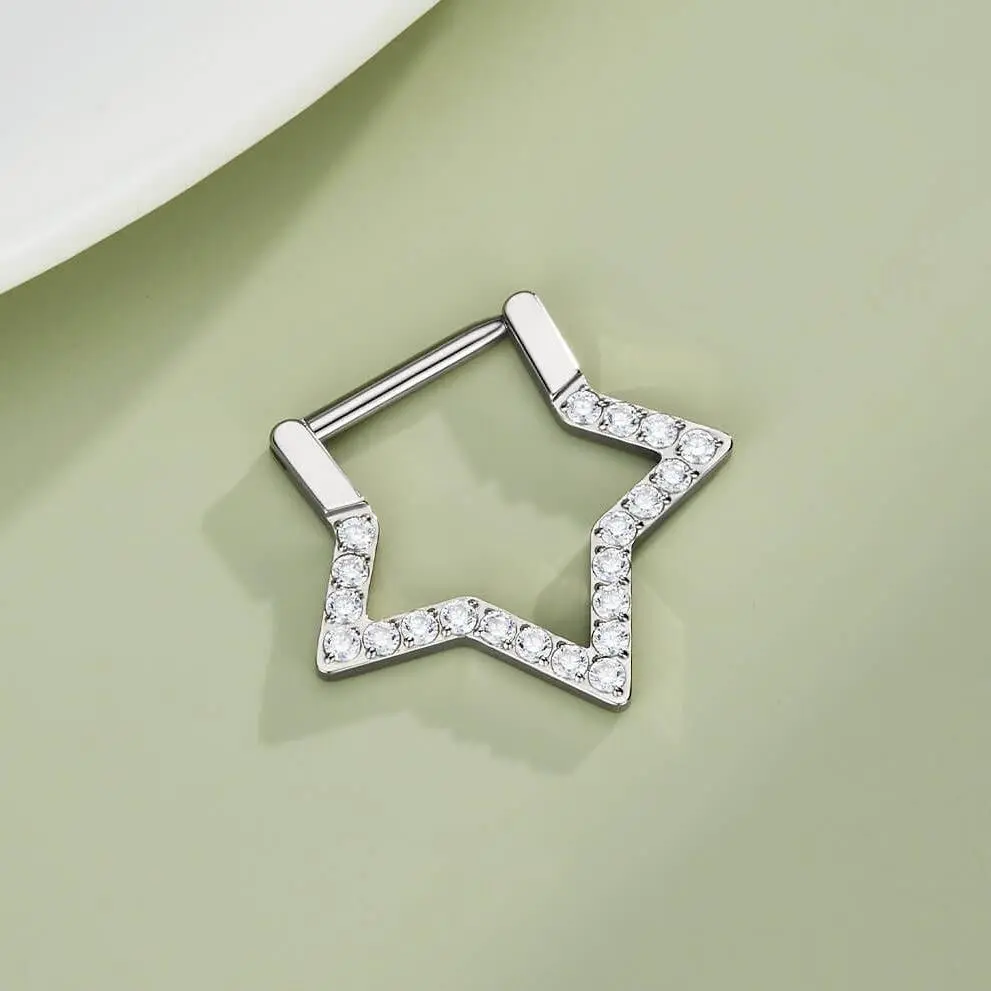 OUFER 16G Titanium Star Clicker Septum Nose Ring Hoops - Body-Safe Cubic Zirconia (AAA+) Unisex Body Jewelry, Trendy Daily Wear Fashion Accessory