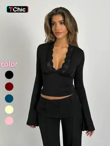 Women's Contrast Lace Plunge Neck Flounce Sleeve Tee, Elegant Deep V Neck Long Sleeve Top for Spring & Fall, Women's Clothes for Daily Wear