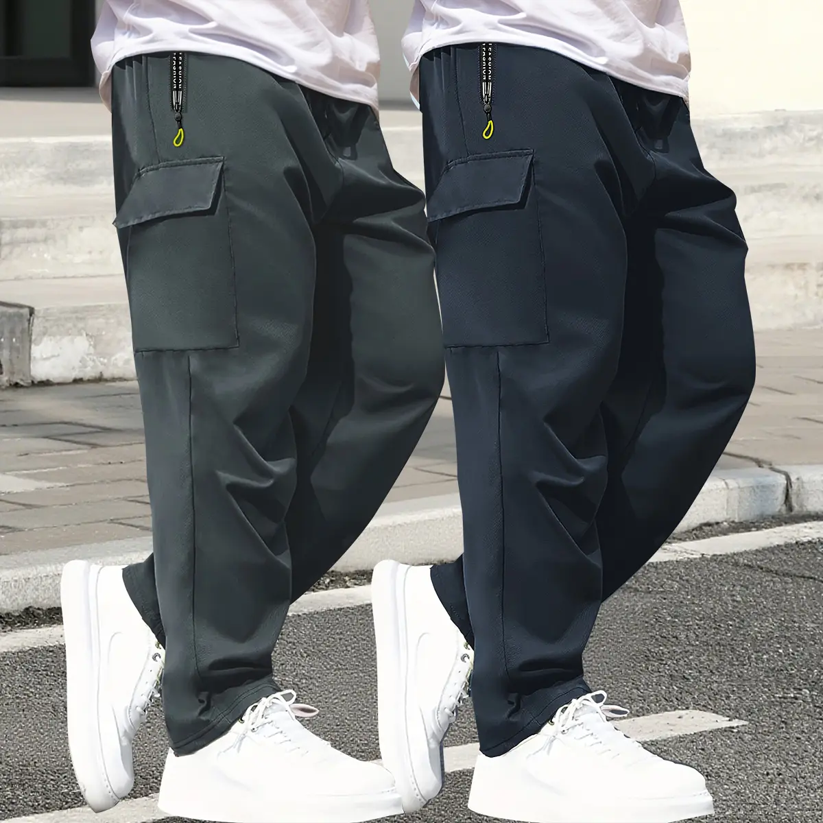 Men's two-piece work pants set, sporty casual style, men's loose solid color pocket drawstring waist work pants, unisex casual comfortable zipper work pants, suitable for everyday outdoor wear