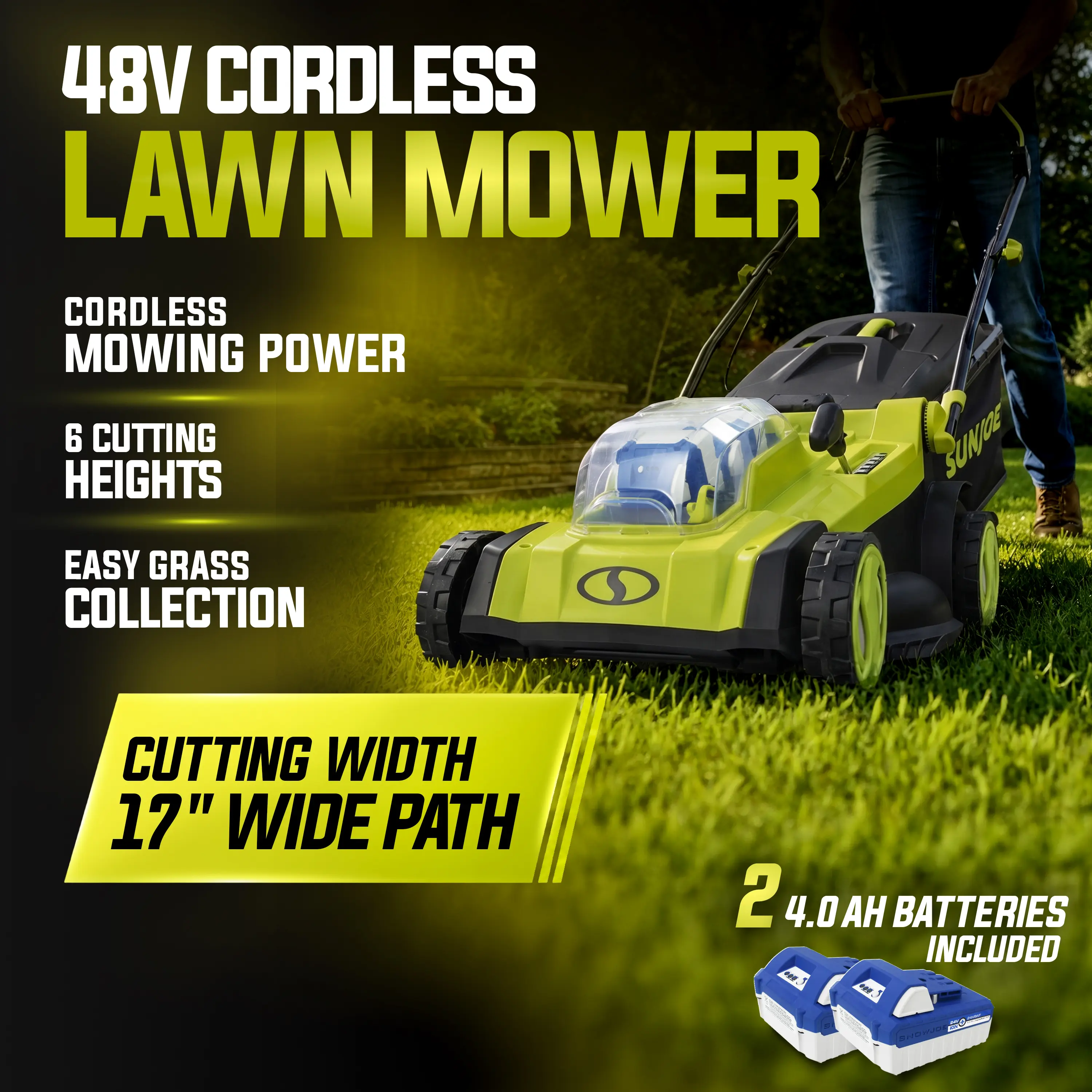 Sun Joe 48-Volt* IONMAX Cordless Lawn Mower Kit W/ Collection Bag | 17-inch | 6-Position | W/ 2 x 4.0-Ah Batteries + Charger