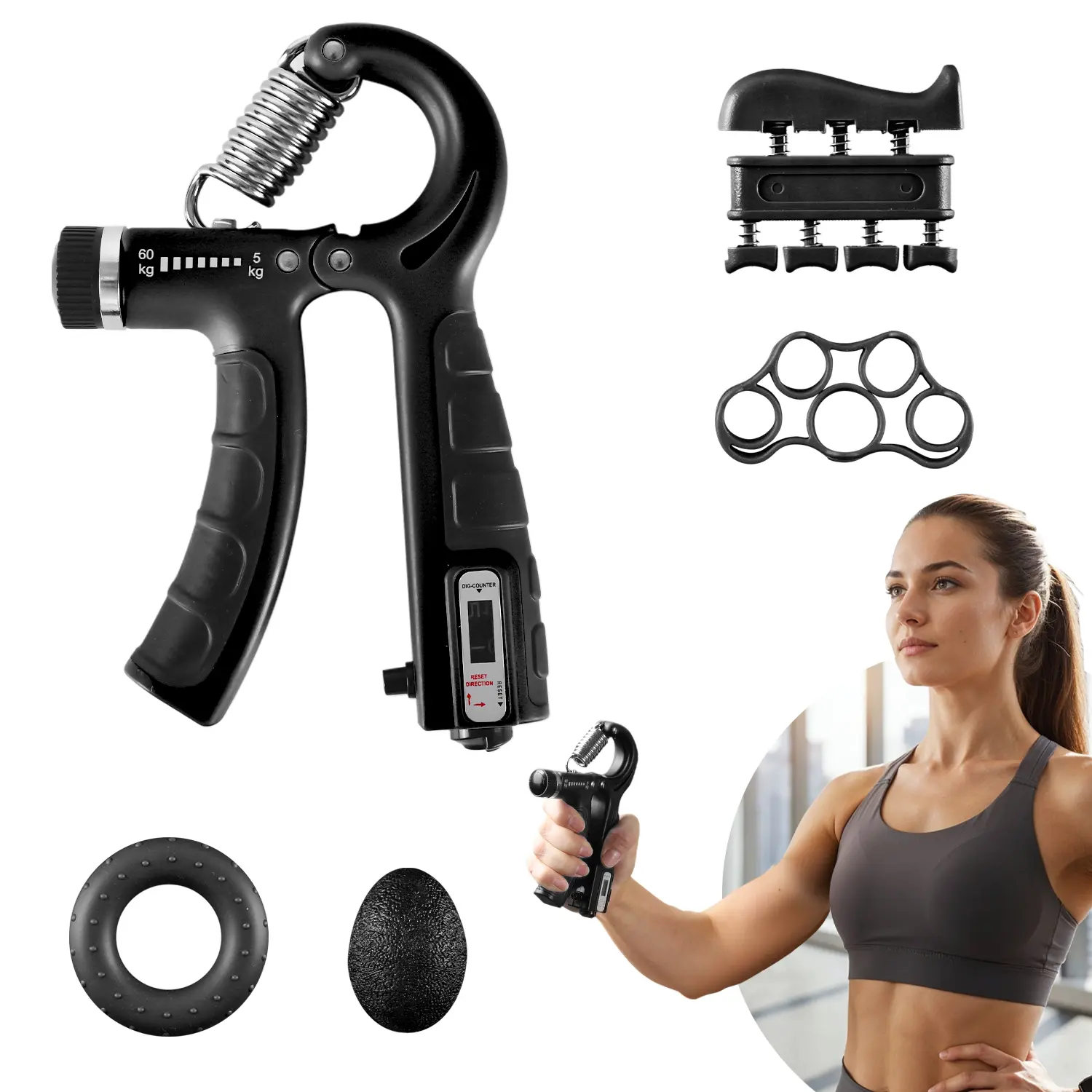 5-in-1 Adjustable Hand Grip Strength Trainer 5-60kg with Counter, Forearm Exerciser with Egg Balls, Finger Stretcher, Grip Ring for Workout & Rehab