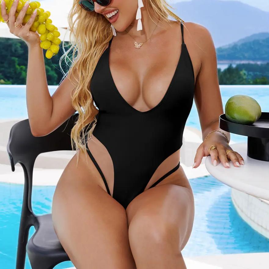 Aprilake Women’s Sexy Spaghetti Adjustable Strap Deep V Neck Backless See-through Mesh Swimsuit