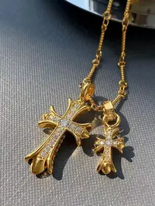 Cross Necklace Plated Double Cross Pendant Necklace Diamond Studded Pendant Dainty Diamond Cross Charm Link Chain Choker Delicate Faith Jewelry Religious Gifts for Women