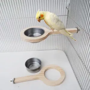 Hanging Parrot Feeding Cup Removable Stainless Steel Parrot Feeder Pet Supplies Wood Bird Perch Stand Platform
