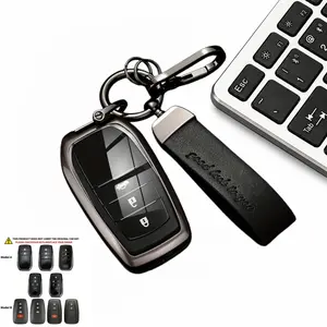 Zinc Alloy Leather Car Key Fob Cover Protective Shell with Key Chain, Auto Remote Key Holder Accessories Compatible with Toyota Land Cruiser, 4Runner, Camry, RAV4, Prado, Highlander, Corolla, Crown, Wildlander, Levin, Avalon, C-HR, Prius