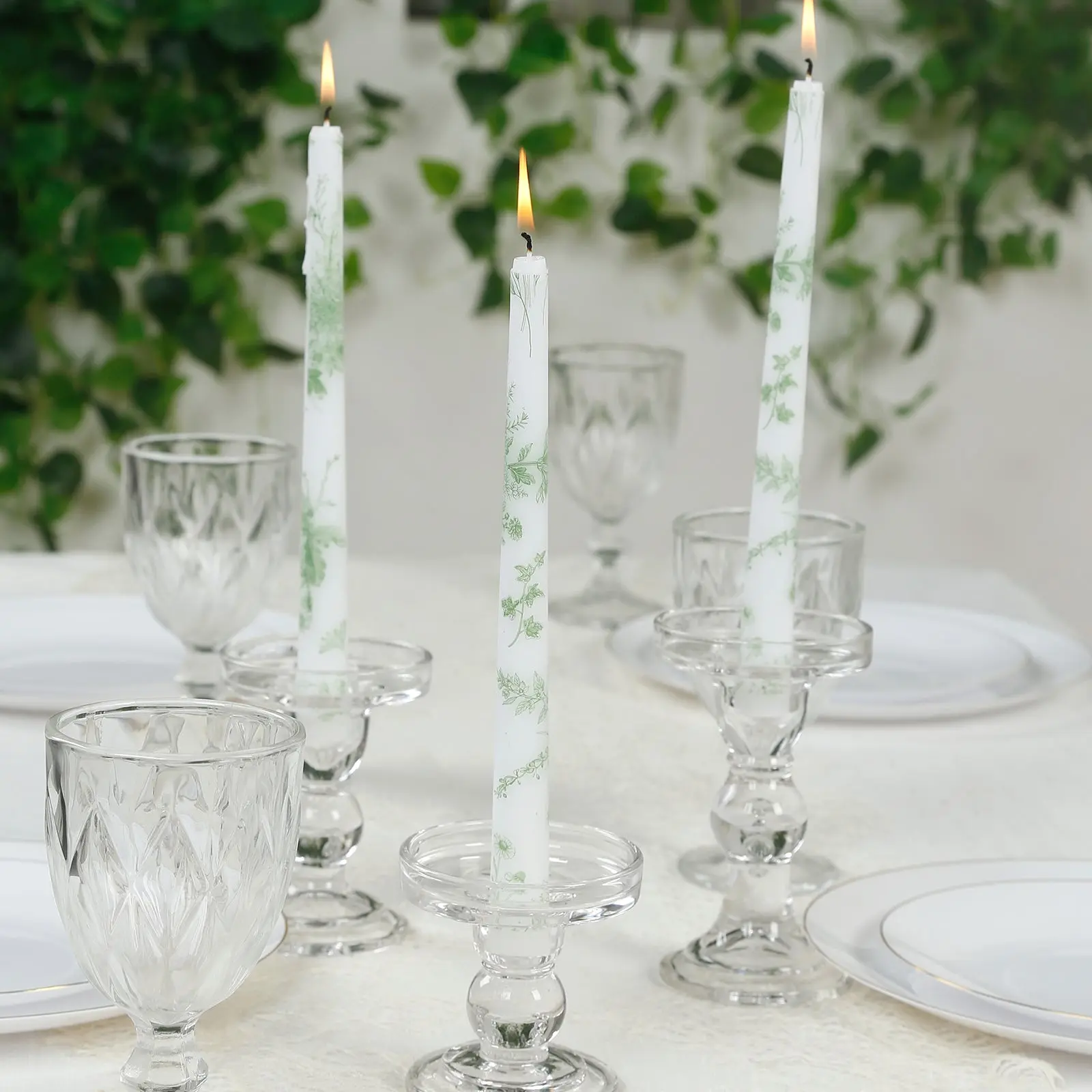 12-Pack Unscented White & Sage Green French Toile Wax Taper Candles, 10 in Taper Shape Home Supplies, Room Decor, Wedding Centerpieces, Table Decoration, Event Decor