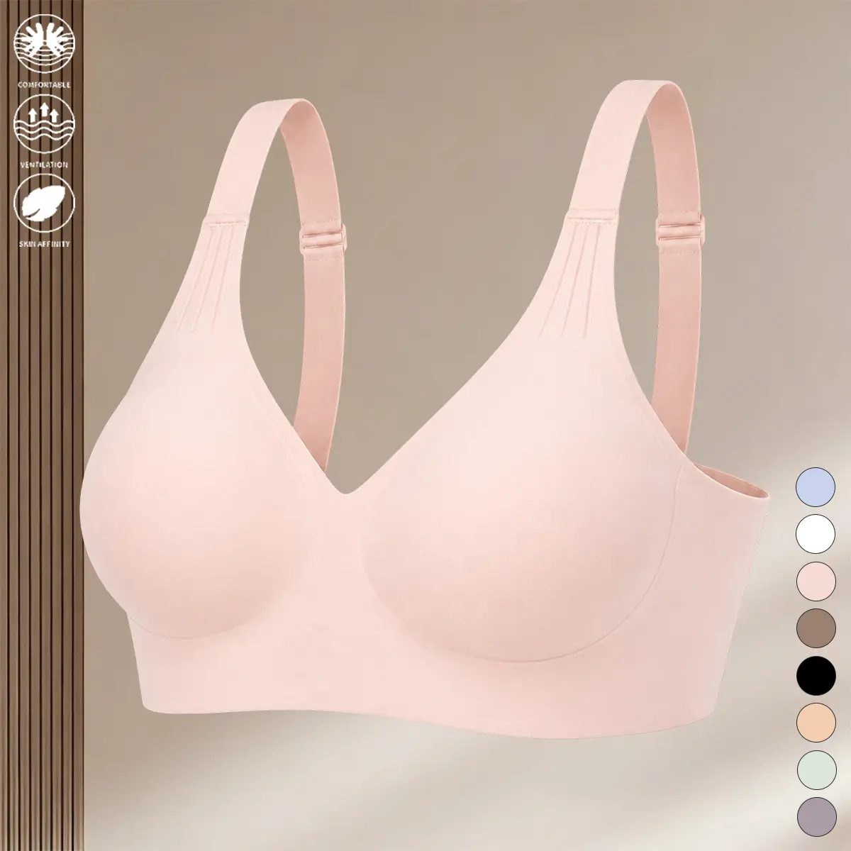 Women’s seamless wireless V-neck everyday bra, velvety-soft breathable skin-loving invisible bralette with adjustable straps, smooth molded cups, no-dig underband, 8 color options for work, commuting, tight outfits, lounge, sleep, layering, all-day barely