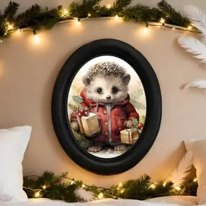 Gothic Victorian Style Wall Decor, Vintage Hedgehog Holding Christmas Gift 3D Mural, Handmade Photo Transfer Art for Halloween Xmas Thanksgiving Party Home Room Decoration
