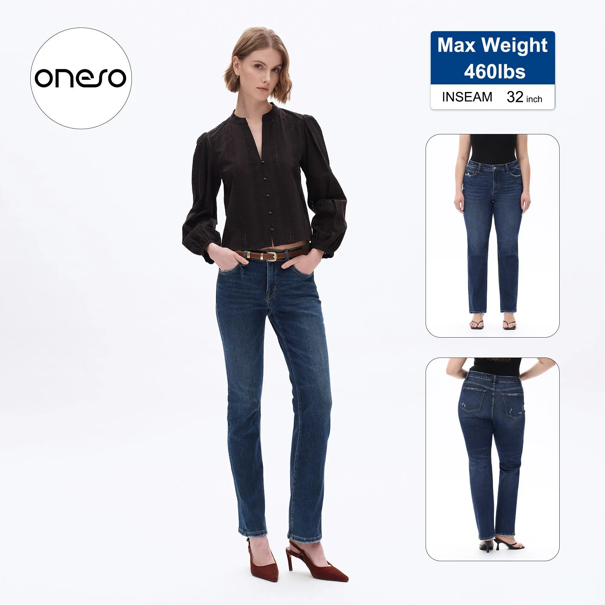 ONESO Tummy Control Straight Leg Jeans Slimming High Rise Denim for Pear Shaped Women Comfortable Curvy Fit BBL Effect Up To 24W Plus Size