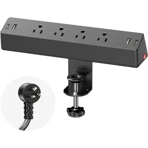 Desk Clamp Power Strip, 1875W Surge Protector with 4 AC Outlets 4 USB Ports (2 USB C), Desk Mount Charging Power Station, 6 FT Extension Cord, Desk Outlets for Home Office Desk Accessories