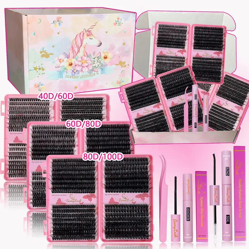 1856 Pcs Cluster Lash Extension Gift Set, 40D/60D/80D/100D Natural Volume, Soft Lightweight Styles, DIY Eyelash Extension Kit with Bond, Seal, Remover & Tweezers for Home Use Cluster Lashes Extensions