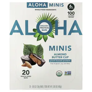 Aloha Organic Protein Mini Bars, Almond Butter Cup, 20 Bars, 0.85 oz (24 g) Each