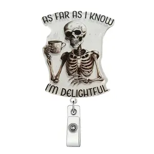 Skeleton Drinking Coffee Design Badge Holder, 1 Count Funny Retractable Badge Reel, ID Card Holder for Student Office Staff Doctor Nurse Teacher
