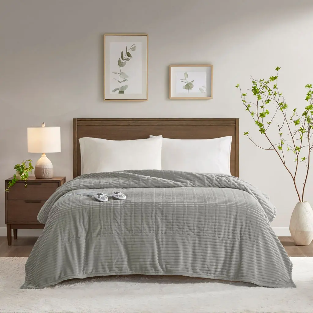 Serta Corded King Size Plush Electric Blanket - 360 Stand, Grey ST54-0289, 100x90in (0.25in Thick), Casual 100% Polyester Household Appliance with Heat Control, Machine Wash, 1-12 Hour Auto Shutoff Timer, Overheating Protection