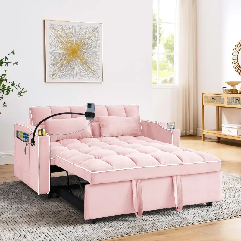 [SOIYELIFE] 55.51" Pink Velvet 3-in-1 Convertible Sofa Bed with Adjustable Backrest, USB Port & Multipurpose Accessories - Space-Saving Sleeper Couch for Living Room, Bedroom & Small Spaces